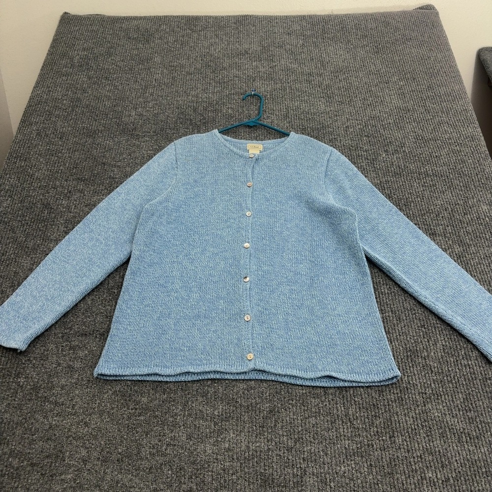 LL Bean Cardigan Womens M Blue Cotton Knit Button Up Classic Casual Style Preppy